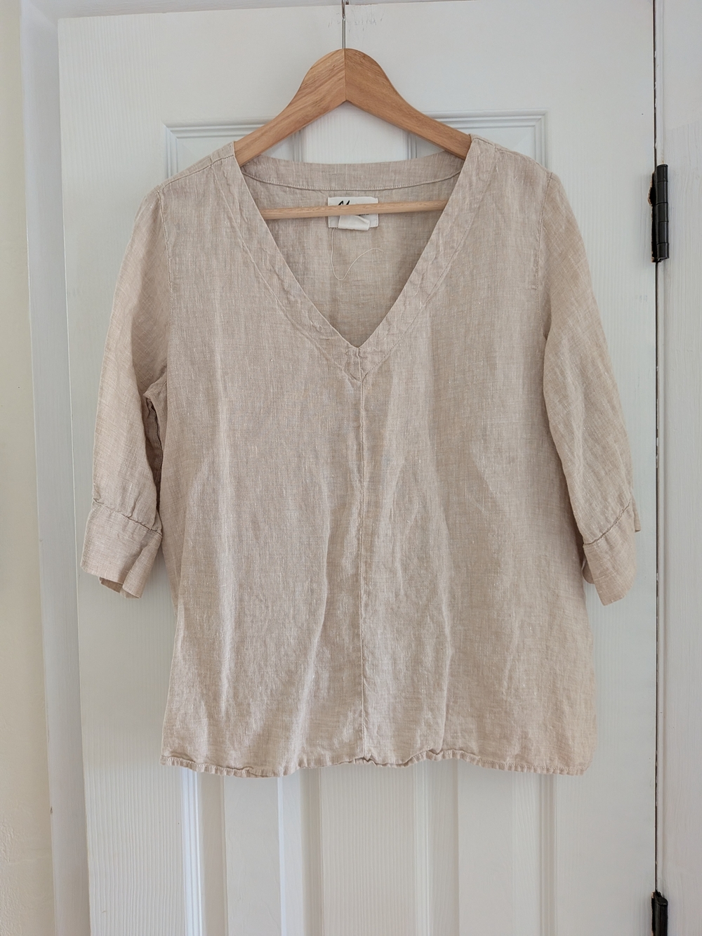 Andrea Jovine Women's 100% Linen Beige 3/4 Sleeve V Neck Blouse Size M